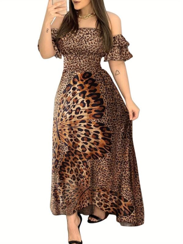 Women Long Flared Dress Elegant Off Shoulder Short Sleeve Leopard Printed Butterfly Dress