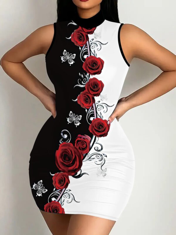 Chic Black & White Rose Print Bodycon Dress with High Neck - Sexy, Stretchy Polyester Blend, Machine Washable - Perfect for All Seasons