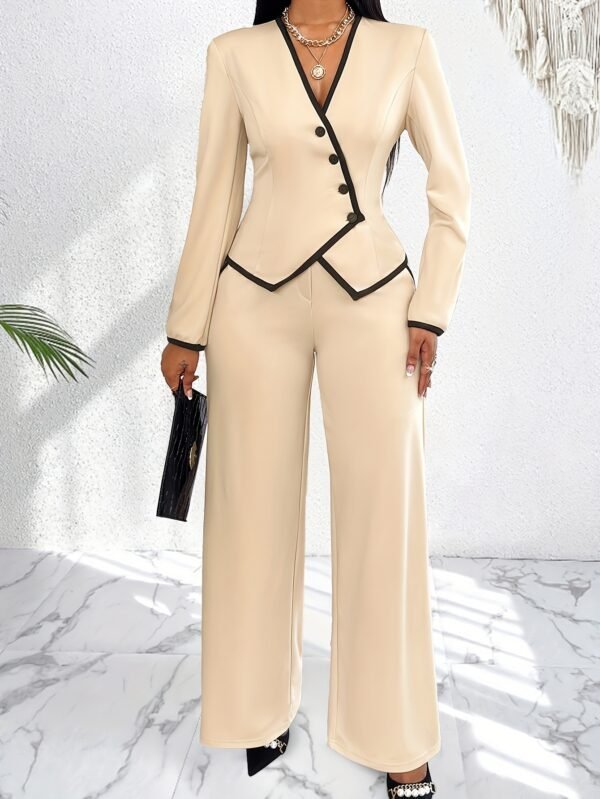 Elegant Women's Fall Suit Set with Asymmetrical Hem & Contrast Trim - Deep V-Neck, Long Sleeve Blazer and Pants Combo, Machine Washable