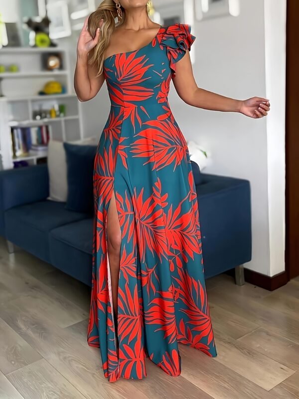 Elegant One-Shoulder Geometric Print Dress with Ruffle Sleeves and High Slit - Polyester Blend, Non-Stretch Fabric for All Seasons