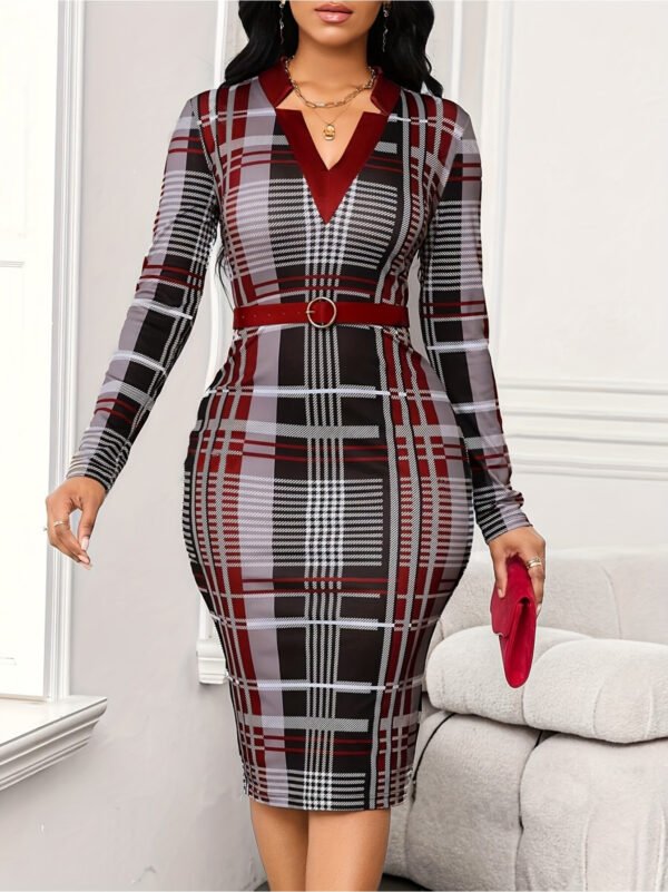 Plaid Bodycon Midi Dress Sophisticated Plaid V-Neck Midi Dress for Women - Long Sleeve, Bodycon Fit with Belt Detail, Soft Polyester - Ideal for Parties & Events